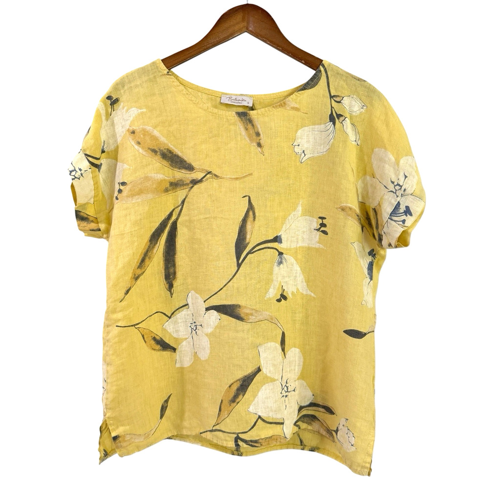 Bellambra 100% Linen Yellow Floral Tunic Top Small Made in Italy Lagenlook Boho